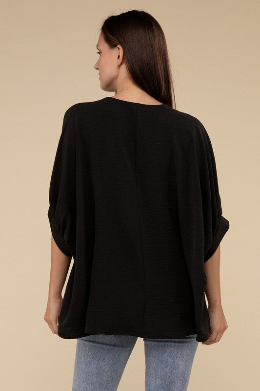 WOVEN AIRFLOW V-NECK PUFF HALF SLEEVE TOP