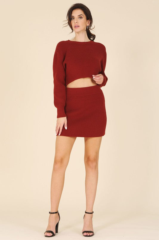 RIBBED KNIT CROP TOP AND SKIRT SET