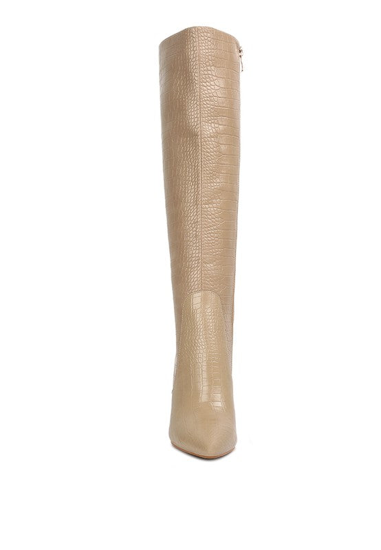 INDULGENT HIGH HEELED CROC CALF BOOTS