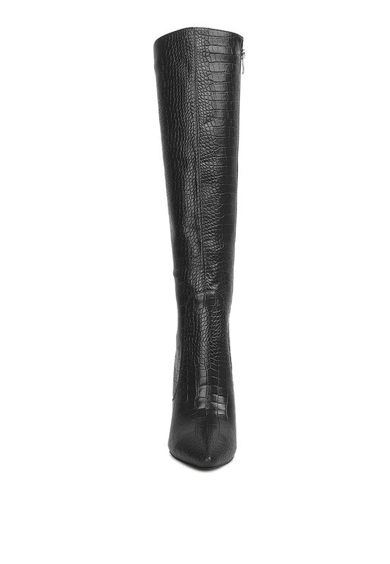 INDULGENT HIGH HEELED CROC CALF BOOTS