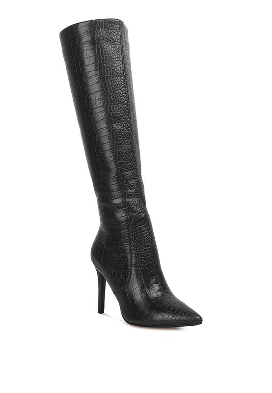 INDULGENT HIGH HEELED CROC CALF BOOTS