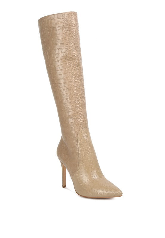 INDULGENT HIGH HEELED CROC CALF BOOTS