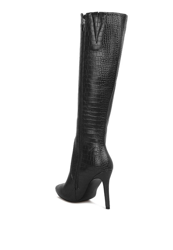 INDULGENT HIGH HEELED CROC CALF BOOTS