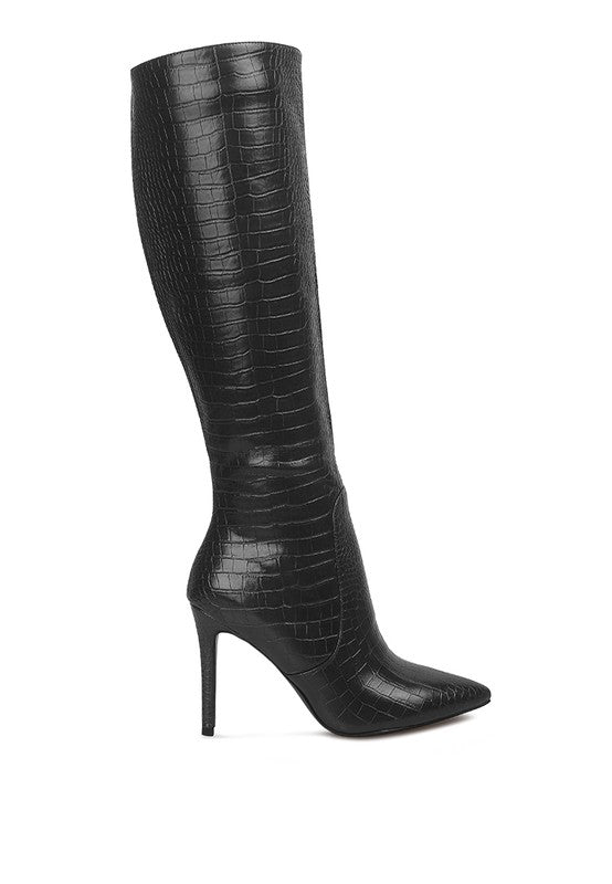 INDULGENT HIGH HEELED CROC CALF BOOTS