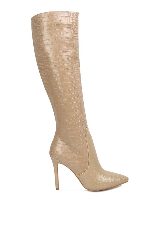 INDULGENT HIGH HEELED CROC CALF BOOTS