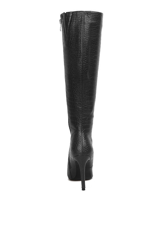 INDULGENT HIGH HEELED CROC CALF BOOTS