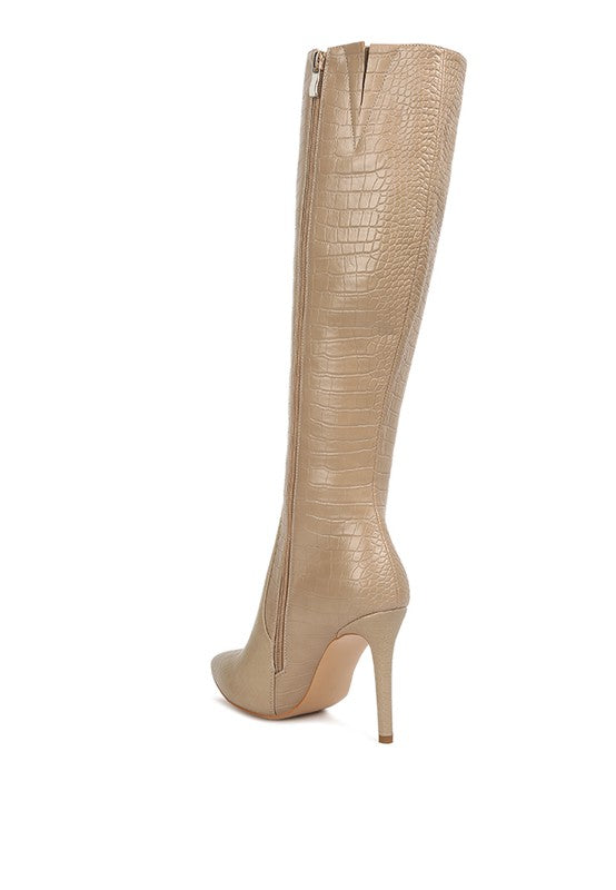 INDULGENT HIGH HEELED CROC CALF BOOTS