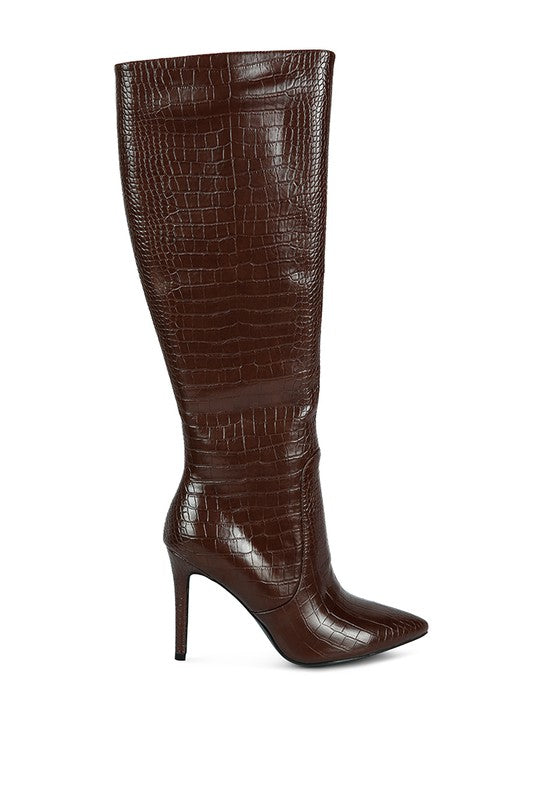 INDULGENT HIGH HEELED CROC CALF BOOTS