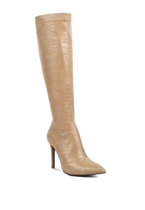 WHEEDLE CROC HIGH HEELED CALF BOOTS