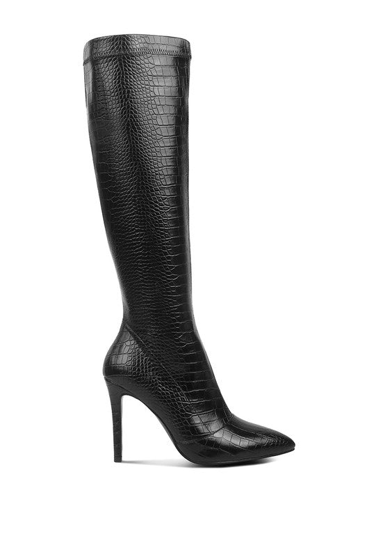 WHEEDLE CROC HIGH HEELED CALF BOOTS