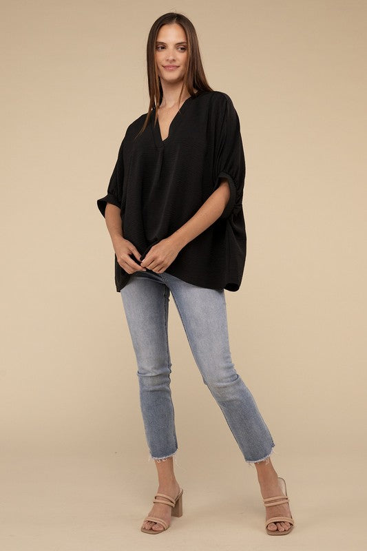 WOVEN AIRFLOW V-NECK PUFF HALF SLEEVE TOP