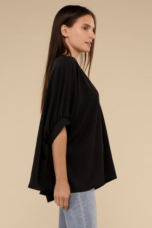 WOVEN AIRFLOW V-NECK PUFF HALF SLEEVE TOP