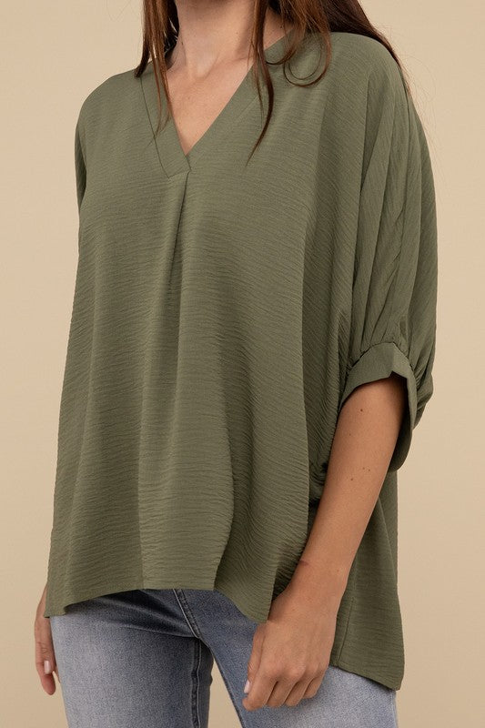 WOVEN AIRFLOW V-NECK PUFF HALF SLEEVE TOP