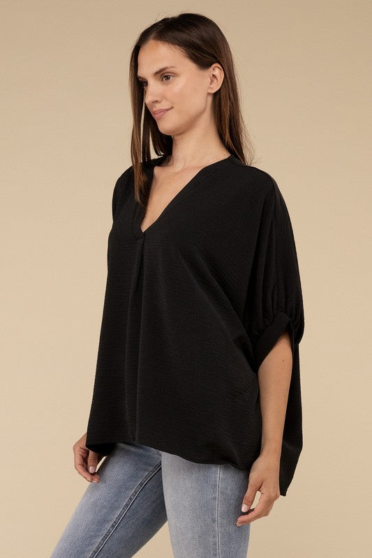 WOVEN AIRFLOW V-NECK PUFF HALF SLEEVE TOP