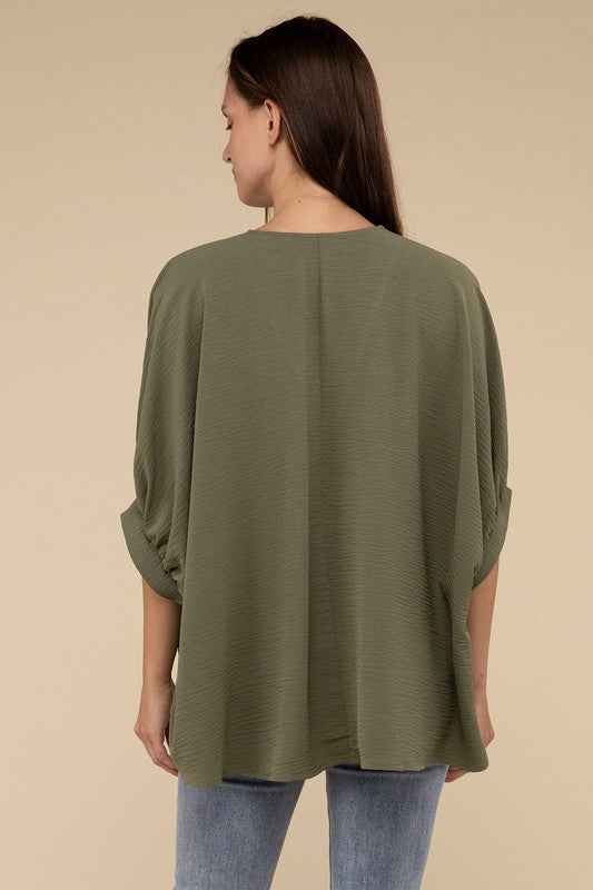 WOVEN AIRFLOW V-NECK PUFF HALF SLEEVE TOP