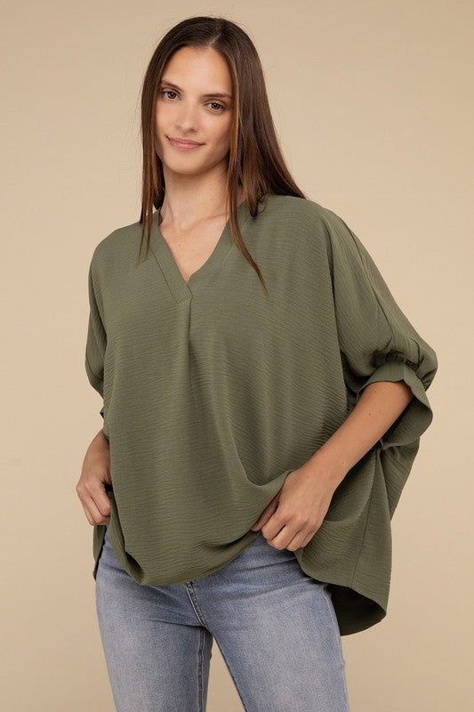 WOVEN AIRFLOW V-NECK PUFF HALF SLEEVE TOP