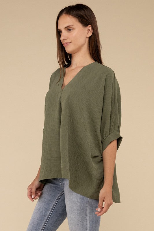 WOVEN AIRFLOW V-NECK PUFF HALF SLEEVE TOP