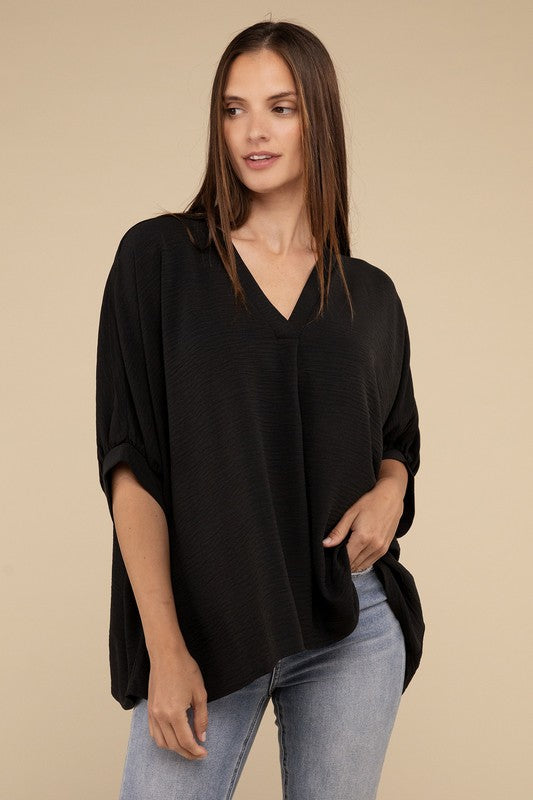 WOVEN AIRFLOW V-NECK PUFF HALF SLEEVE TOP